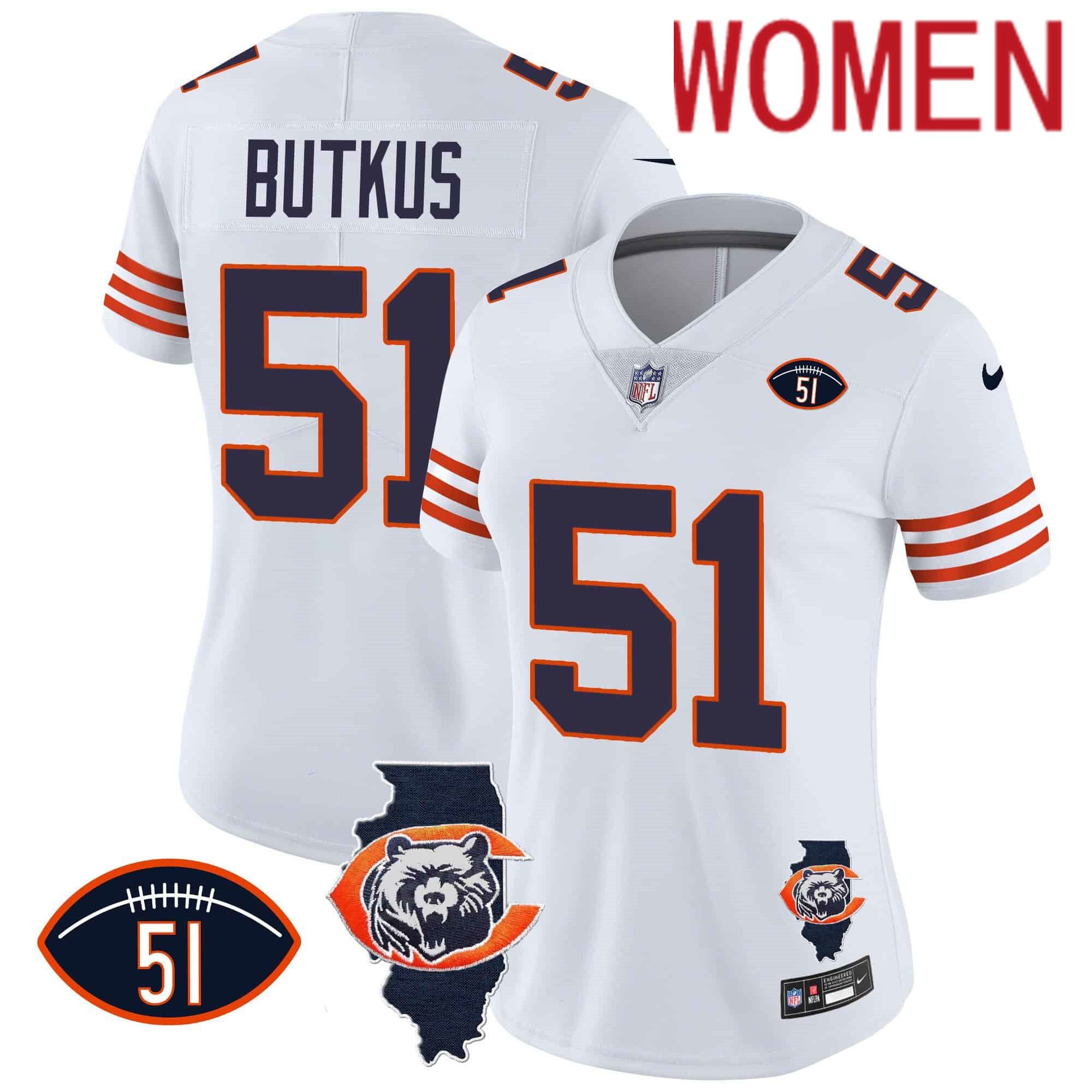 Women Chicago Bears #51 Butkus White 2024 Nike Throwback Illinois Patch Vapor NFL Jersey